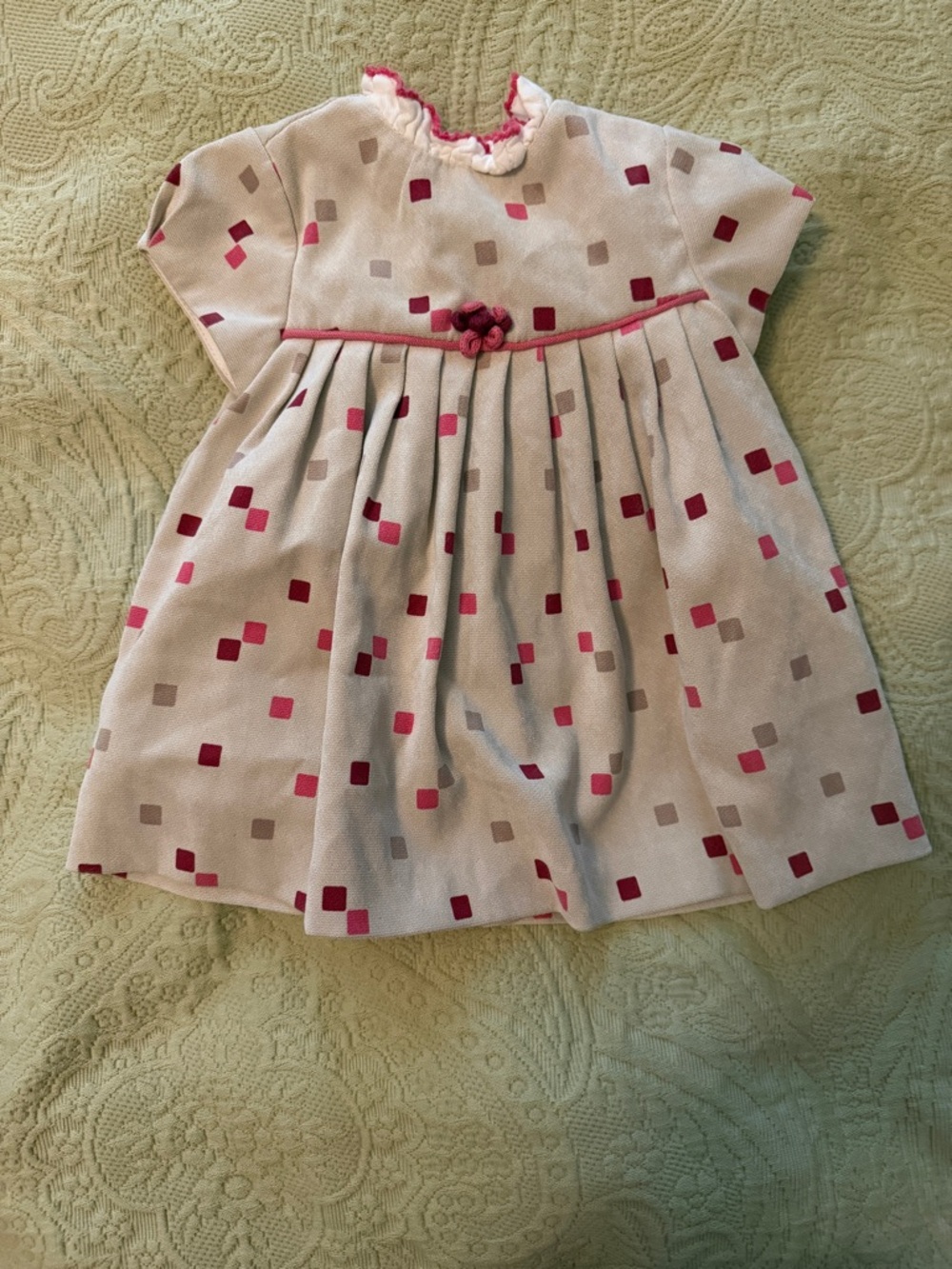 Girls Pink & Cream Square-Print Pleated Dress